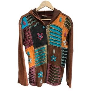 Kyber Outerwear Patchwork Distressed Zip Up Hoodie Hippie Boho Sz XL Cotton